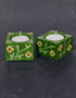 Jaipur Blue Pottery Square T-Light Holder Set of 2 pcs Green Base with Yellow Florals in a Gift Box
